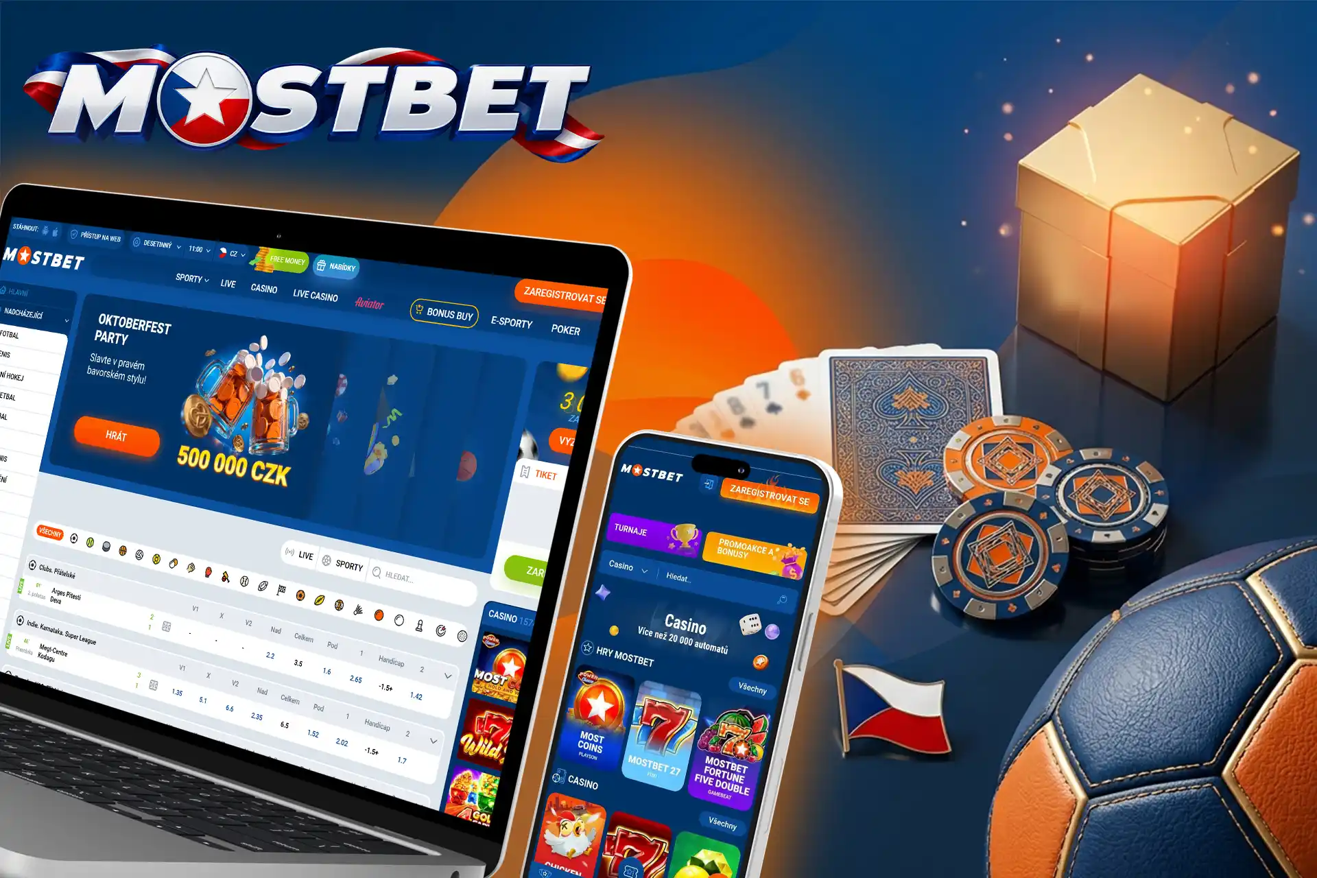 Přehled sázkové kanceláře a kasina Mostbet pro české hráče, ukázka rozhraní na notebooku a mobilu s bonusovými žetony a míčem