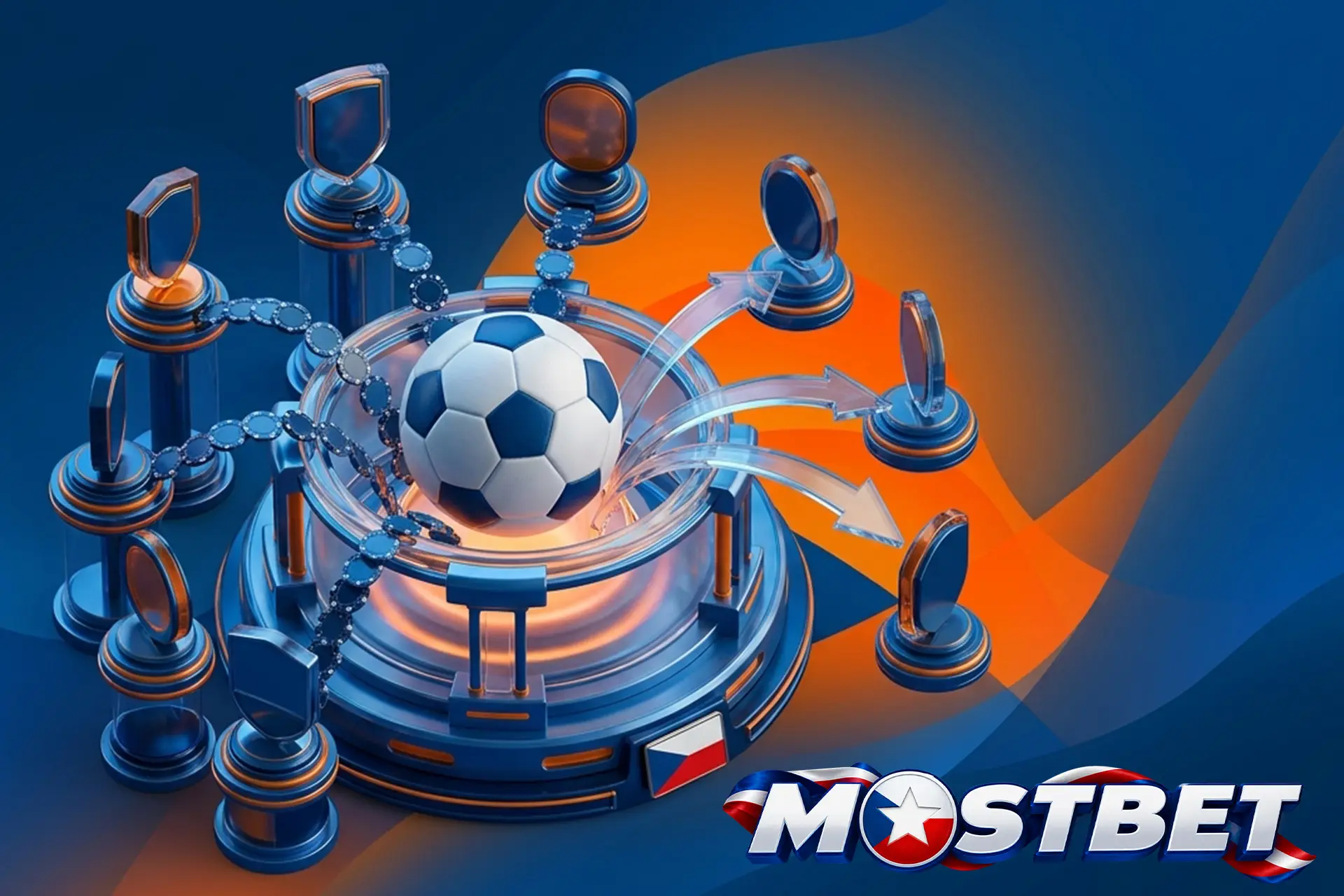 Sportovní totalizátor a hromadné sázky, znázorněné fotbalovým míčem na futuristickém podstavci s ukazateli šancí a vlajkou